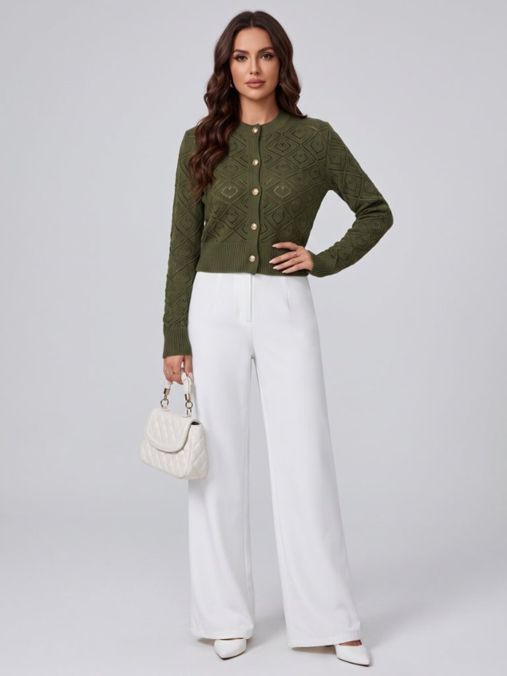 Women's Olive Green Hollow Out Knit Cardigan Round Neck Gold Button Crop Top - Picture 7 of 7